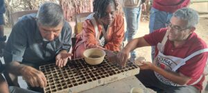 Three people planting vegetable seeds